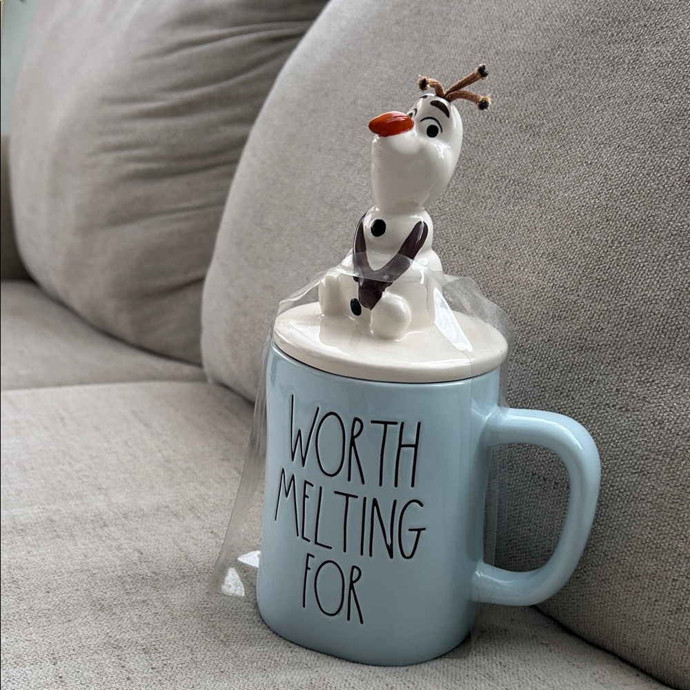 Rae Dunn Blue Mug Cup with Olaf Topper Winter Christmas
